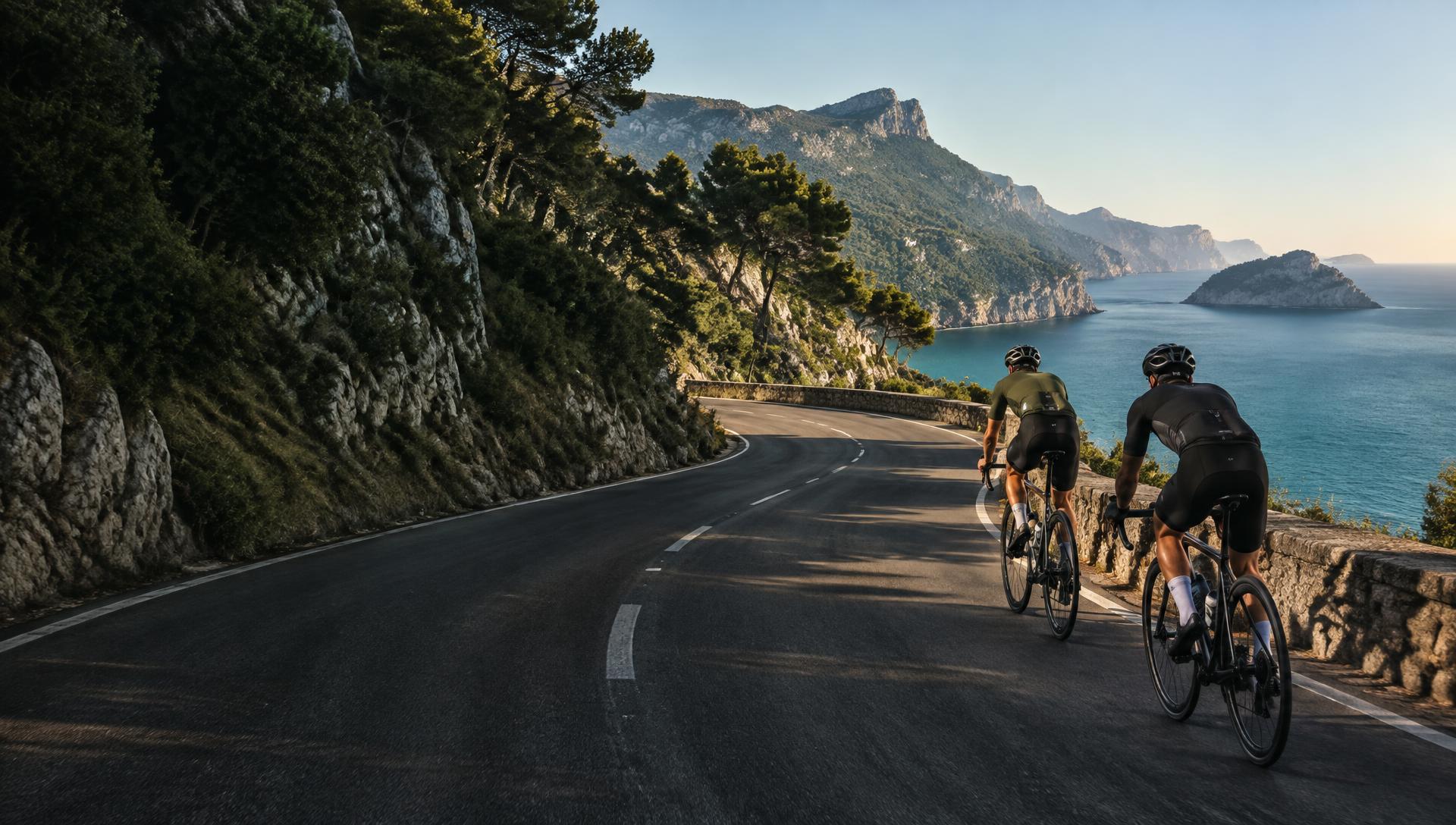 Two endurance cyclists riding a coastal road